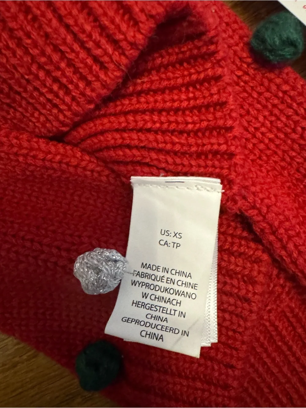 Martha Stewart Red, Green, White, & Silver Pom Pom Hoodie Puppy/Dog Sweater, XS